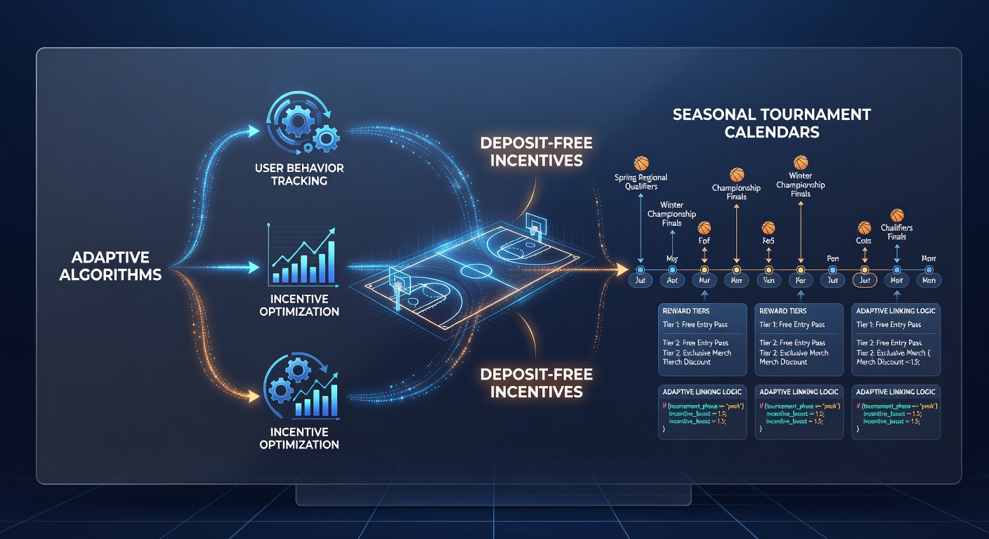 Esports arena virtual interface showing seasonal calendar synchronization with basketball league events and incentive mapping
