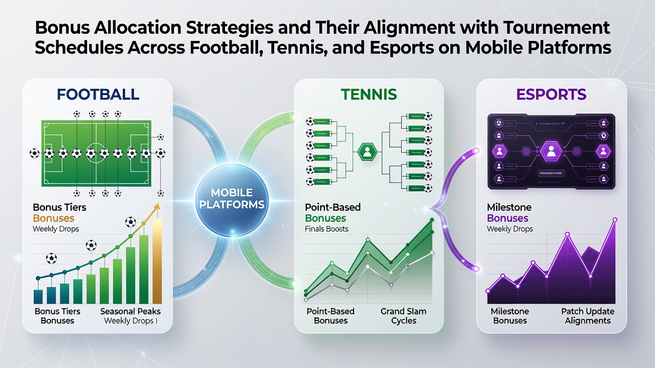 Mobile device displaying bonus allocation interfaces aligned with football, tennis, and esports tournament schedules