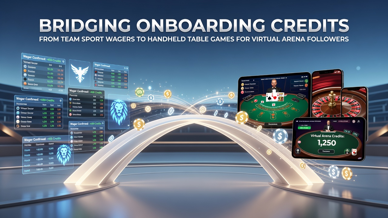 Mobile device displaying team sport betting interface transitioning to virtual table games in an esports arena setting