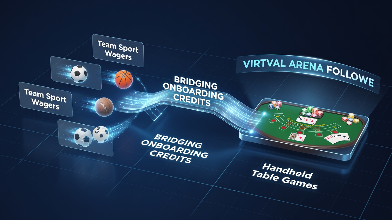 Virtual arena interface showing esports followers using handheld devices to play table games with transferred onboarding credits