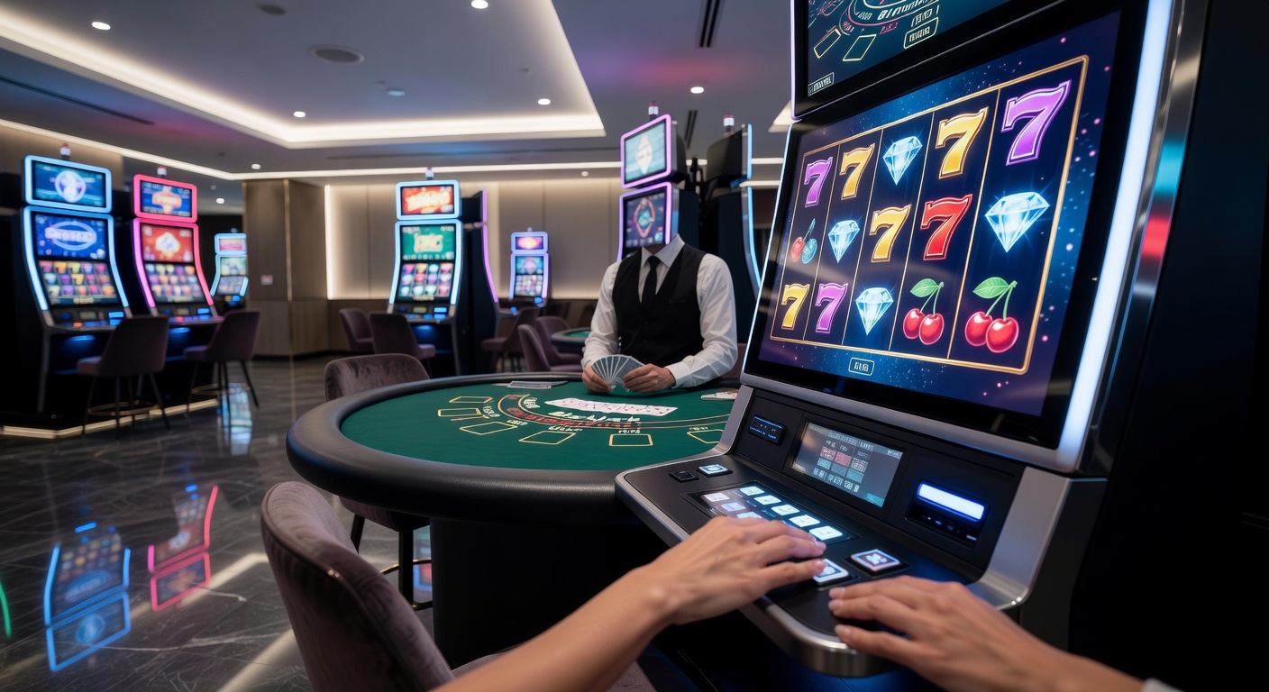 Close-up of a blackjack table with cards dealt and chips stacked, dealer smiling at the camera