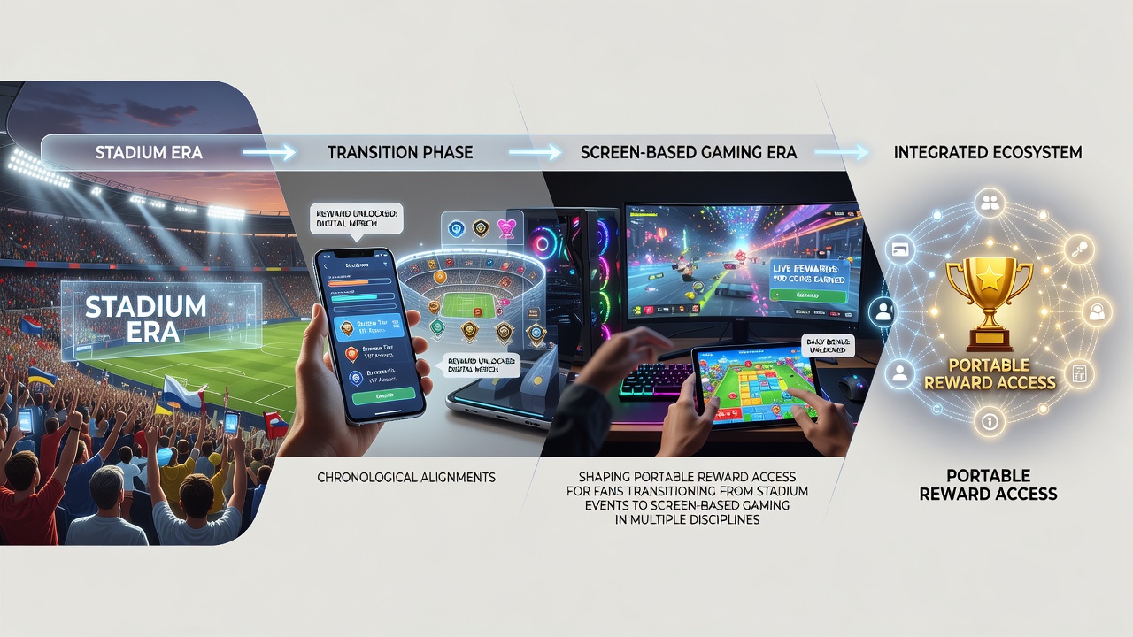 Timeline graphic showing stadium events transitioning to mobile gaming platforms with calendar overlays