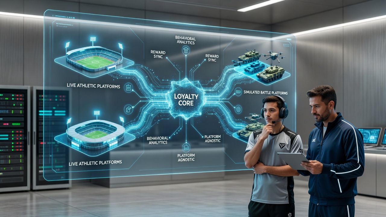 Network diagram illustrating data flows between esports platforms and live sports loyalty programs