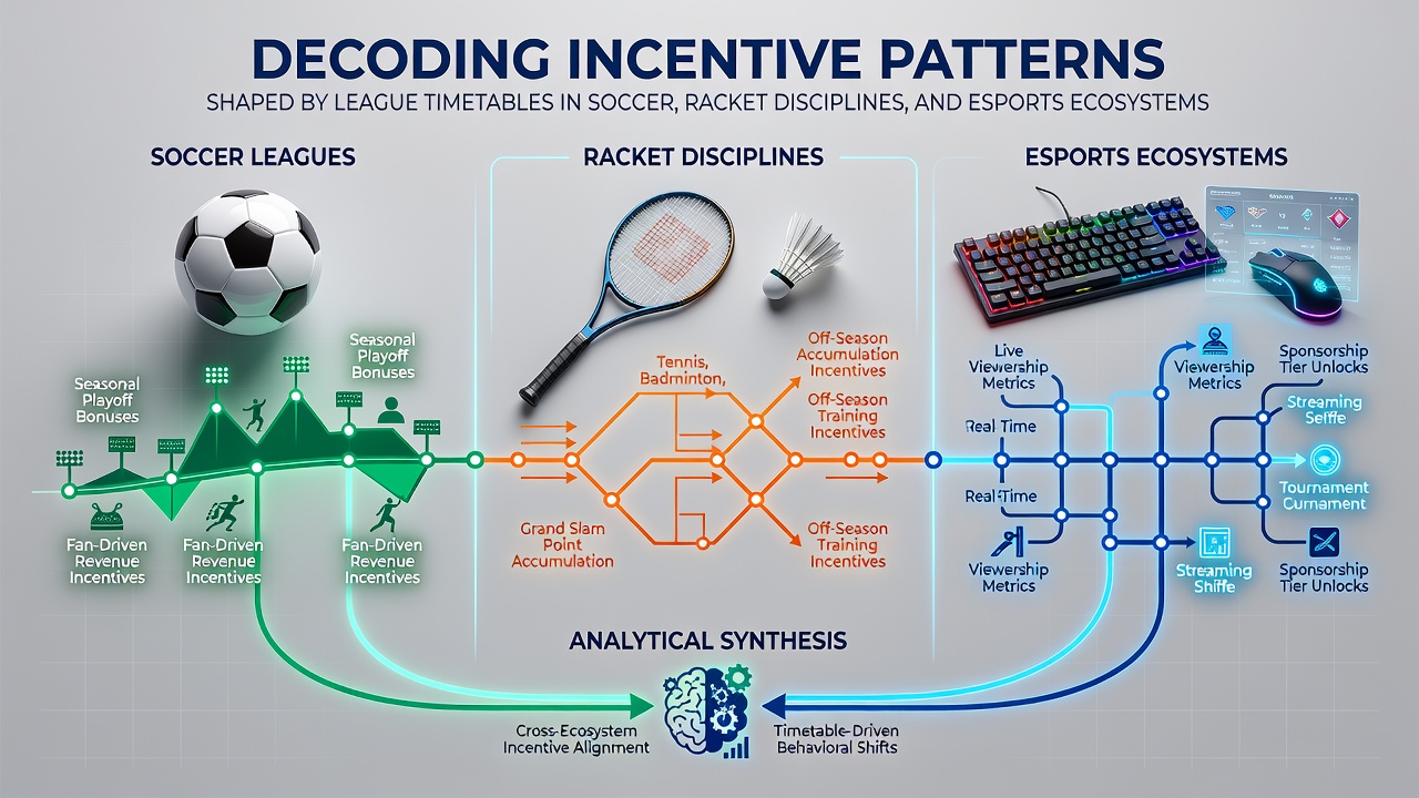 Visual representation of league timetables influencing incentive structures across soccer, tennis, and esports platforms