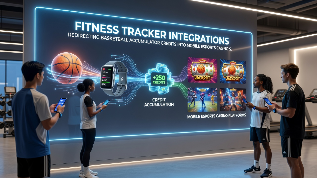 Mobile screen displaying esports casino spin interface after fitness tracker confirms credit transfer from basketball bets