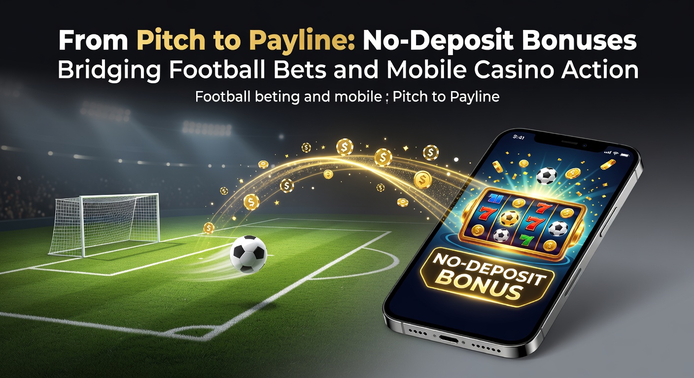 Football pitch transitioning to glowing mobile casino slots screen, symbolizing no-deposit bonuses linking sports bets and casino games