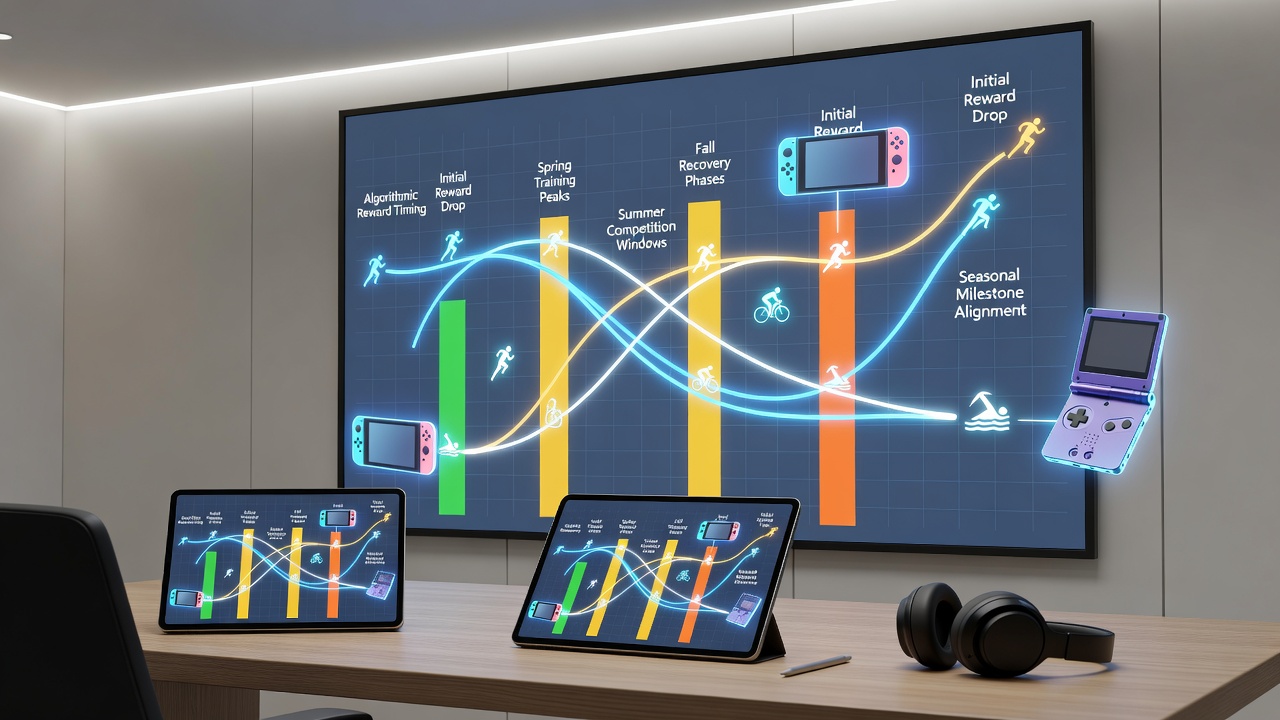 Data visualization of reward timing synchronization between sports calendars and mobile gaming cycles