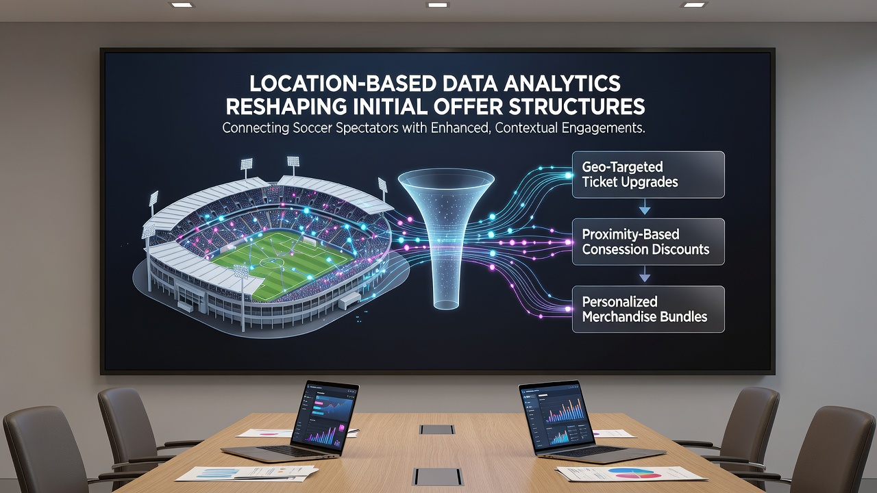Mobile interface displaying location-triggered offers linking soccer fans to virtual arenas and table games