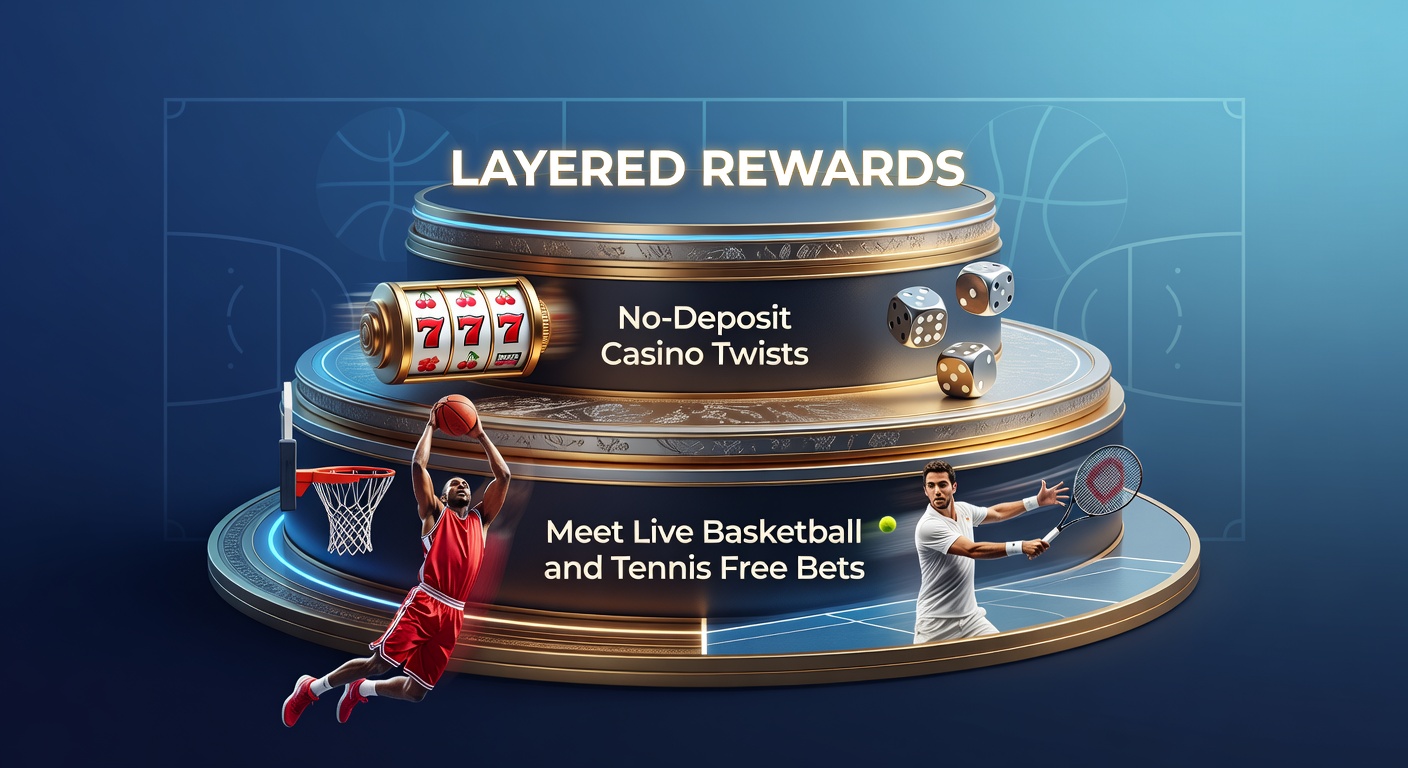 Dynamic graphic showing layered reward icons stacking casino chips with basketball and tennis balls, illustrating combined no-deposit bonuses and live sports free bets
