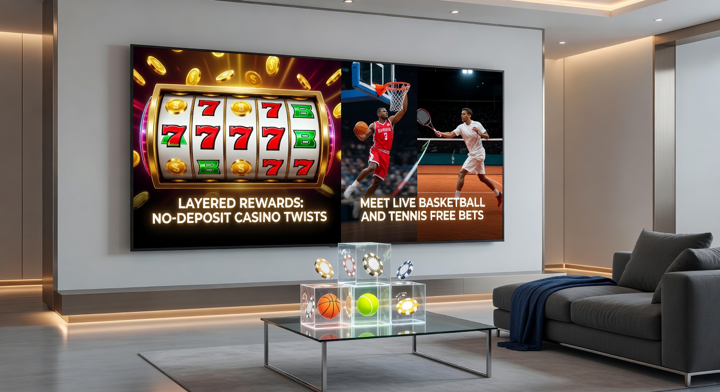 Screenshot of a live betting dashboard featuring basketball court highlights alongside tennis serve visuals, overlaid with reward progression bars for no-deposit users