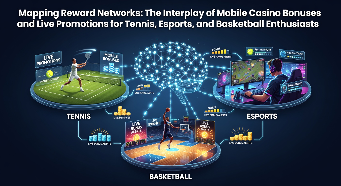 Infographic showing interconnected reward networks linking mobile casino bonuses with live tennis, esports, and basketball promotions