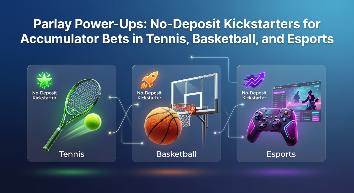 Dynamic graphic showing intertwined tennis racket, basketball hoop, and esports controller with glowing parlay bet chains and no-deposit bonus icons
