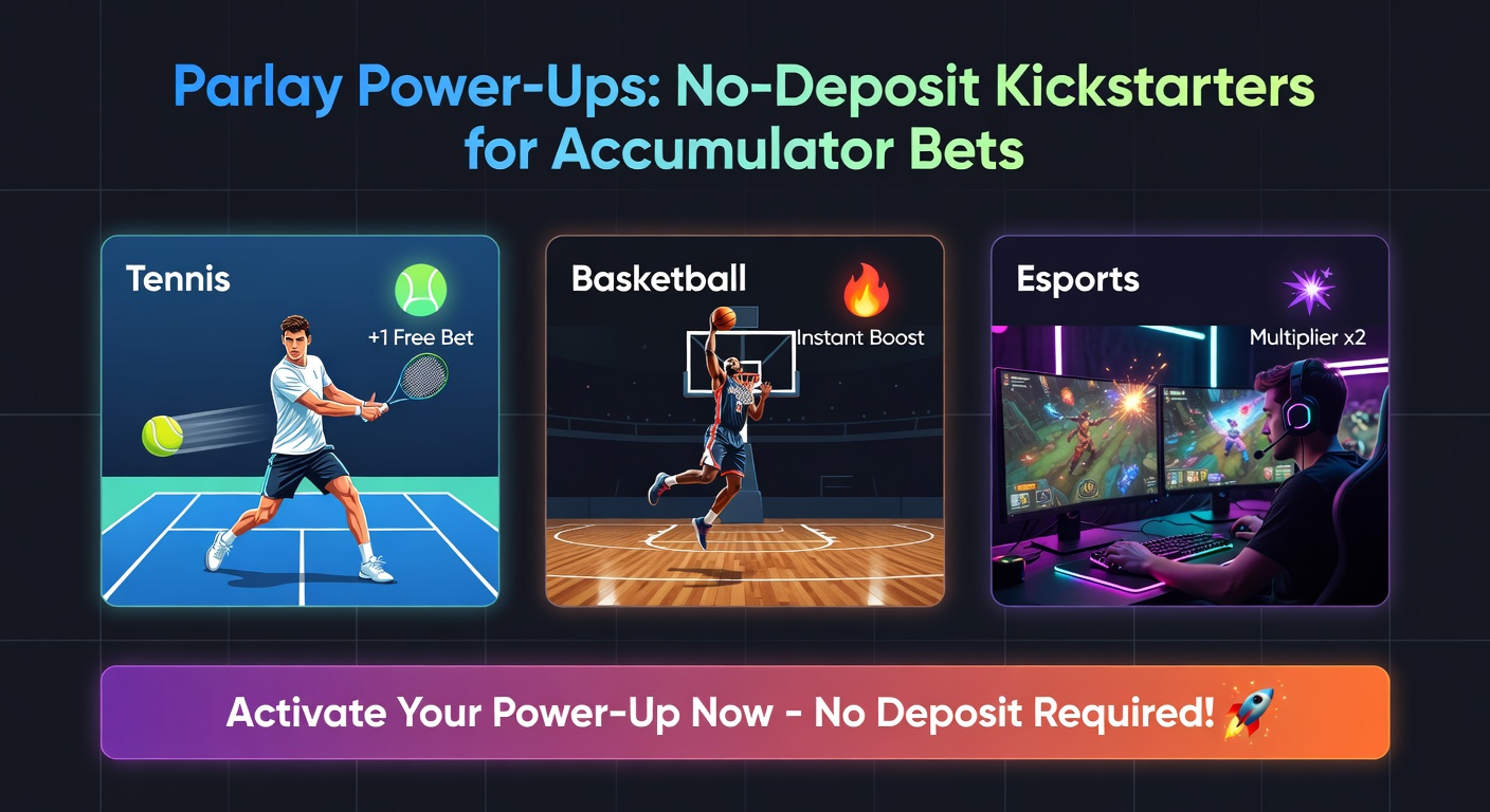 Basketball court scene overlaid with tennis net and esports arena elements, featuring cascading parlay power-up tokens and accumulator bet ladders