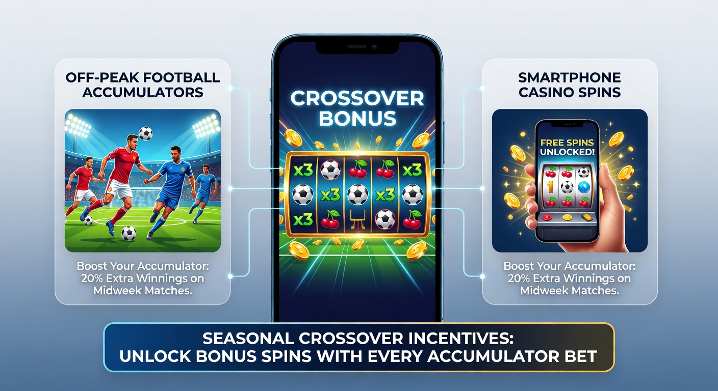 Illustration of mobile app interfaces showing accumulator bet confirmations transitioning into casino spin rewards for tennis and esports users