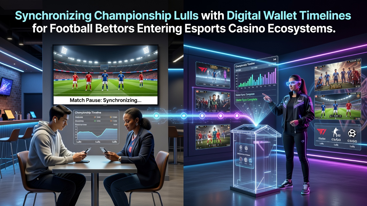 Football stadium during off-season lull with digital wallet transaction overlay transitioning to esports arena visuals