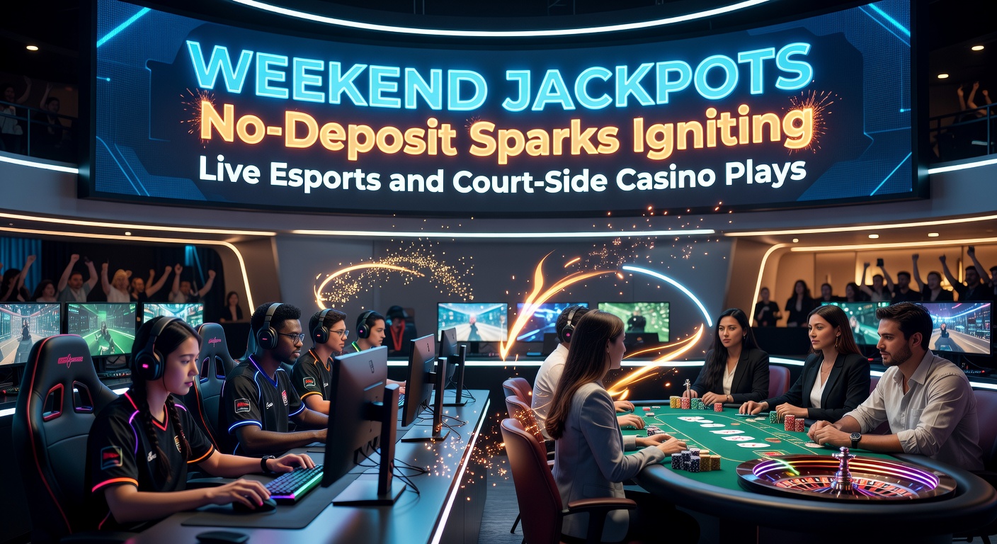 Vibrant display of weekend jackpot promotions blending esports arenas and live casino tables, with glowing no-deposit bonus icons sparking action