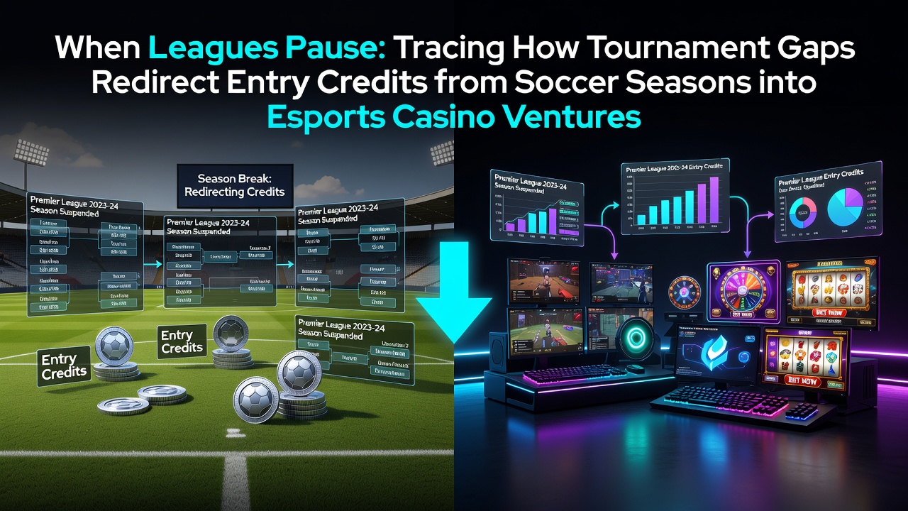 Soccer stadium stands empty during a summer break while esports arenas light up with active tournaments and casino interfaces