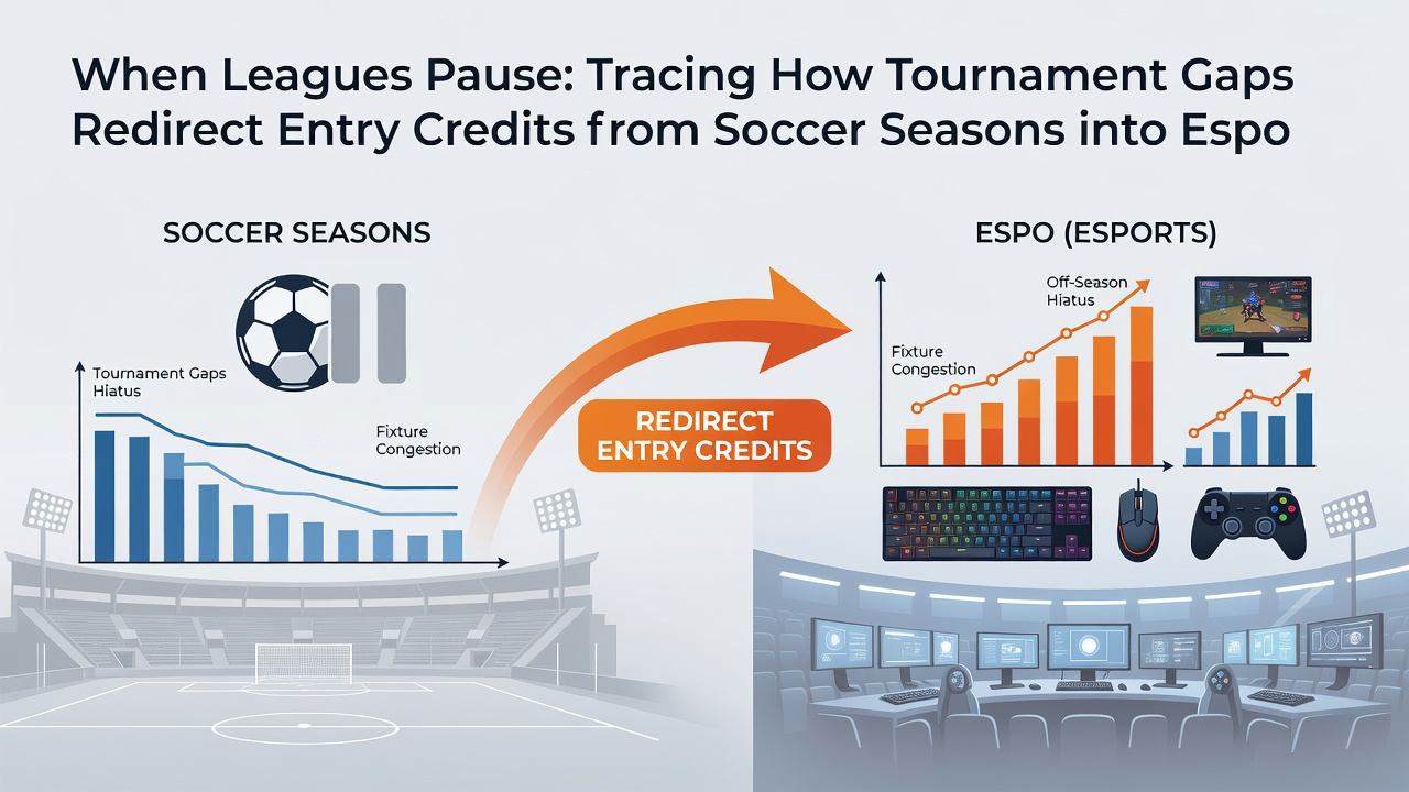 Split view showing a paused soccer pitch on one side and an active esports tournament screen with casino bonus overlays on the other
